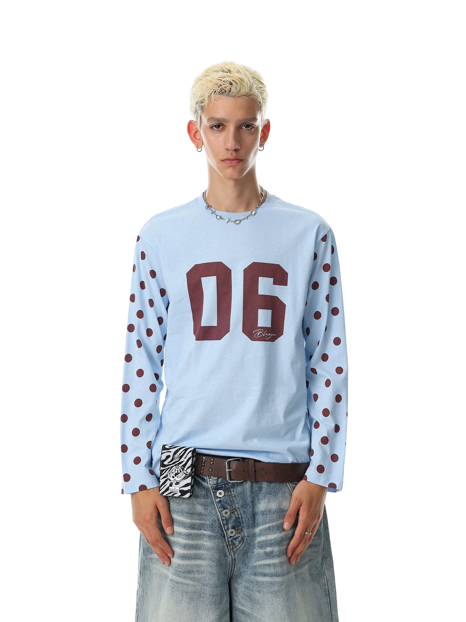 Retro American Polka Dot Letter Print Long Sleeve T-Shirt Unisex Loose round Neck Versatile Casual Top for Men And Women