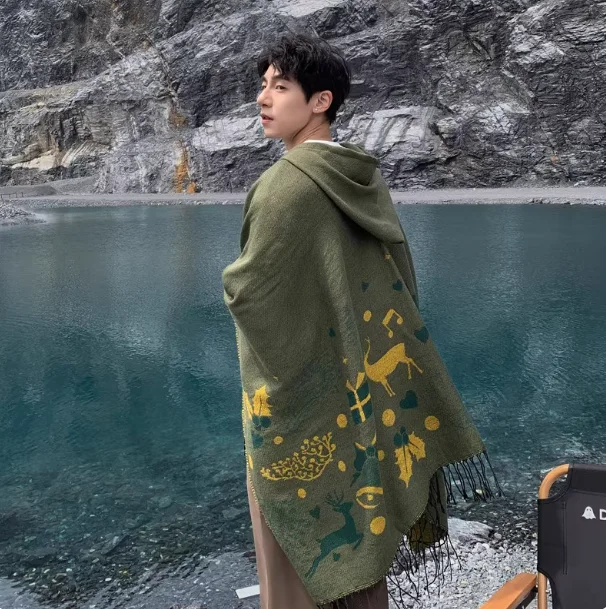Men's Style Poncho Autumn Camping Travel Wear Men Ethnic Style Cloak Scarf Overcoat with Hooded Sand Duffle Warm Cape