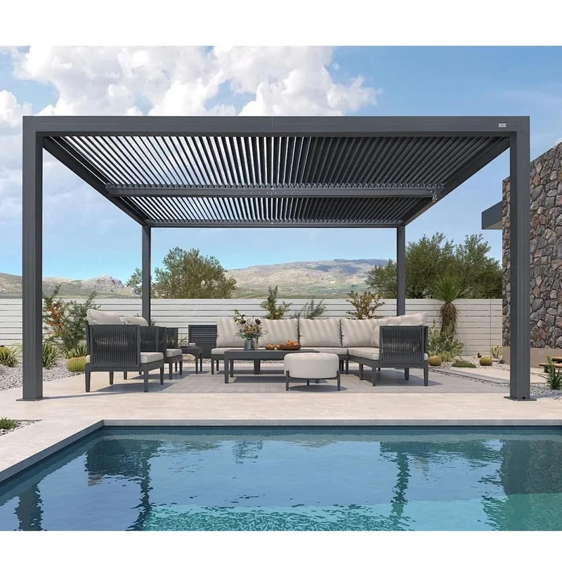Waterproof Motorized Louvered Roof Bioclimatic Gazebo Aluminum Remote Wall Switch Snowproof Windproof Customizable Size