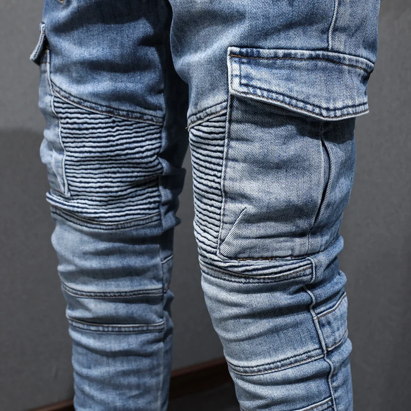 

Y2K fashion new men's light blue jeans stretch slim fit washed retro jeans designer high street hip-hop pants