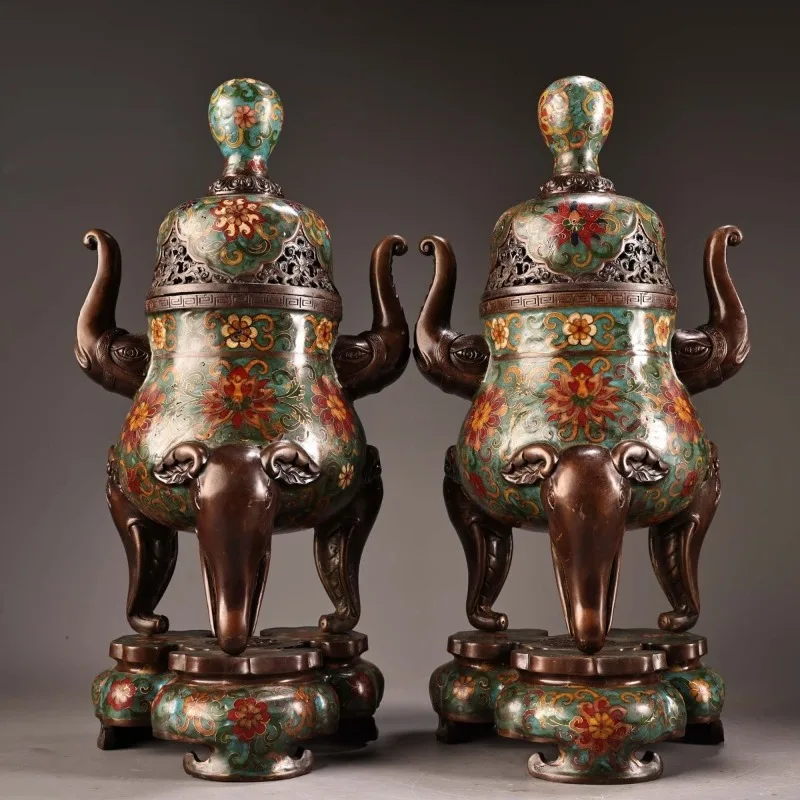 

Treasures Old Collection Pure Copper All Copper High Relief Carving, Enamel Color Elephant Incense Burner Pair