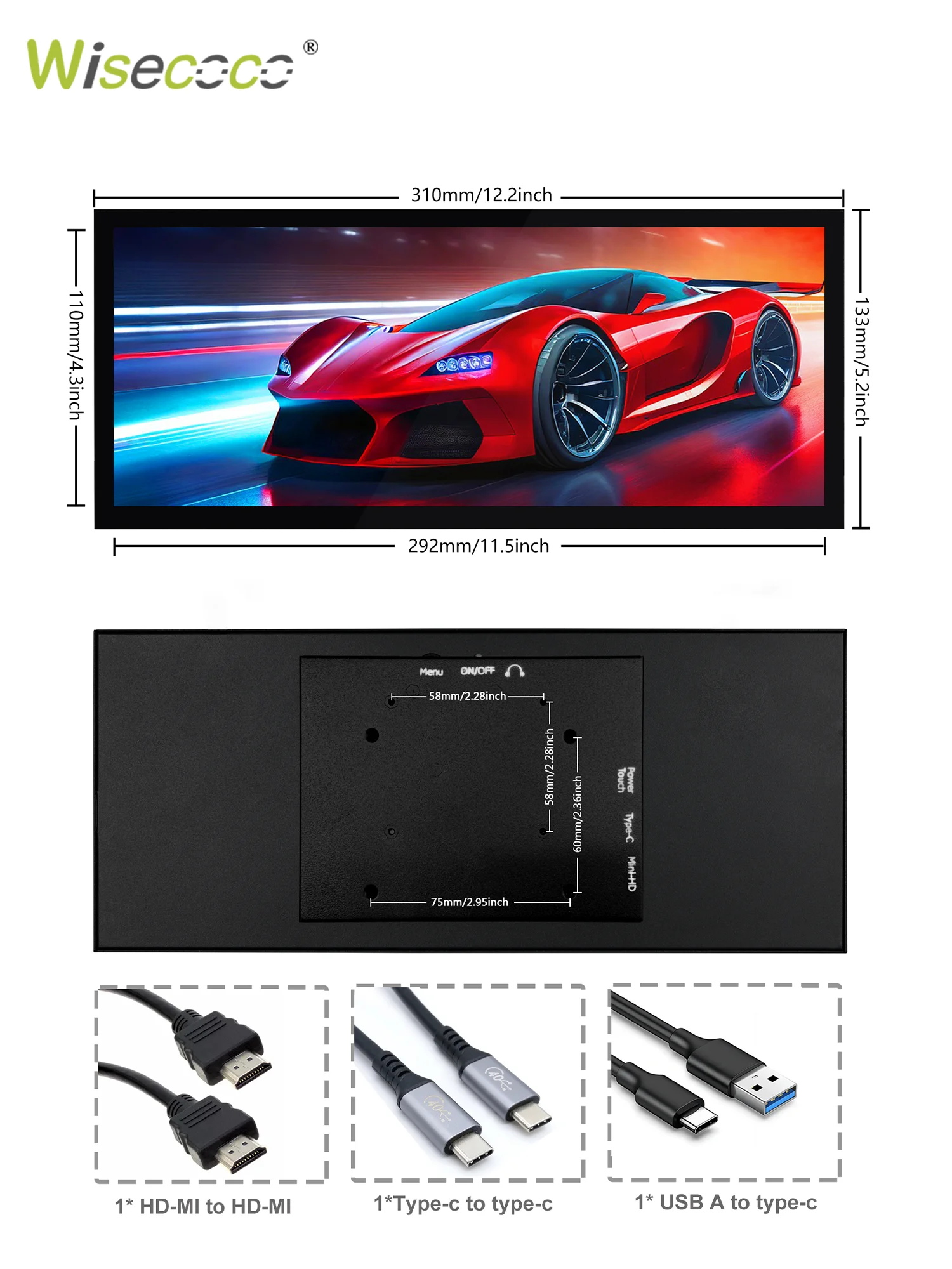 Wisecoco 12.3/11.3'' Dotykowy Przenośny Monitor z Wydłużonym Ekranem w Formie Paska, Monitor do Gier, Nie Obsługuje Zintegrowanej Grafiki AMD — 2