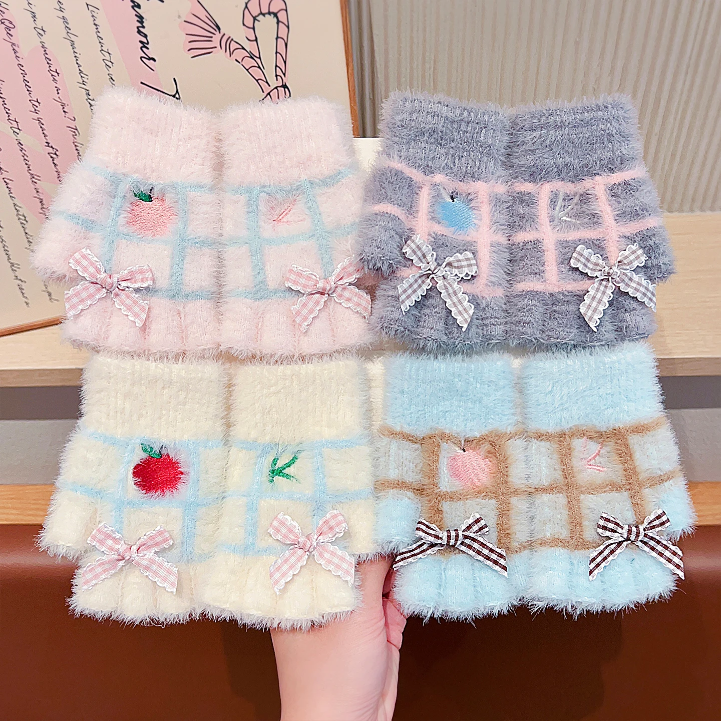 6-12Y Korean Fashion Kids Plaid Bow Flip Half Finger Gloves For Girls Boys Winter Warm Plush Convertible Mittens Outdoor Glove