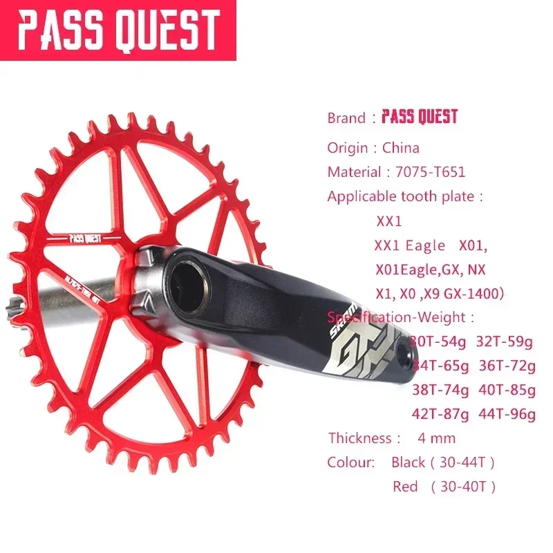 PASS QUEST-MTB Bike Narrow Wide Crankset, Black, Direct Mount for GXP XX1 X1 X01 X0 X9 GX NX SX DUB, Gravel Bike 28-44T, 0mm Off