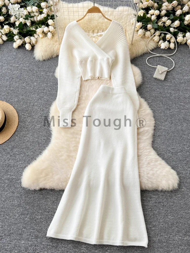 Autumn Retro Gentle Knitted Two Piece Set Women Strappy Bow Tops + Slim High Waist Long Skirt New Design Elegant Solid Suit 2024