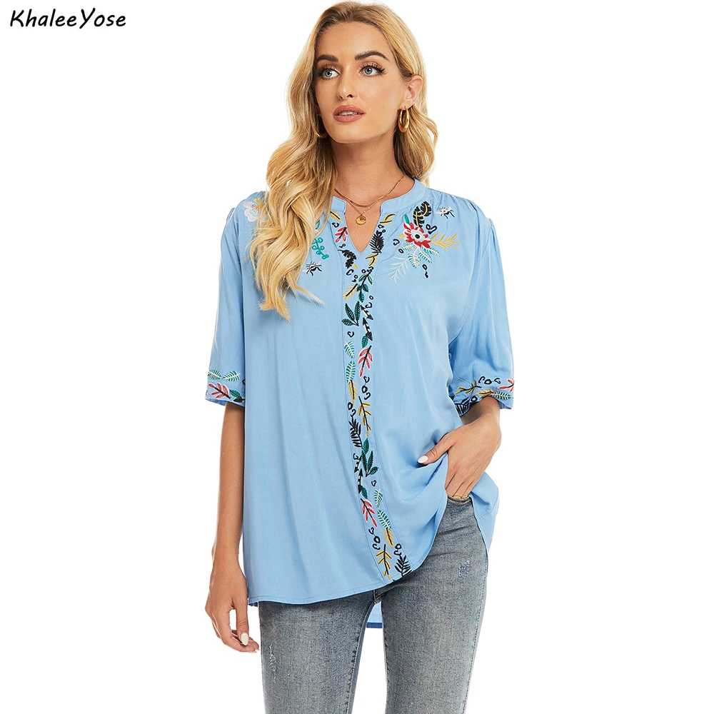 KHALEE YOSE Floral Embroidery Blouse Shirt Cotton Summer Chic Mexican Women Shirt Blue Loose 2xl 3xl Ethnic Ladies Shirt Tops