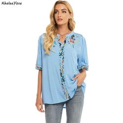 KHALEE YOSE Floral Embroidery Blouse Shirt Cotton Summer Chic Mexican Women Shirt Blue Loose 2xl 3xl Ethnic Ladies Shirt Tops