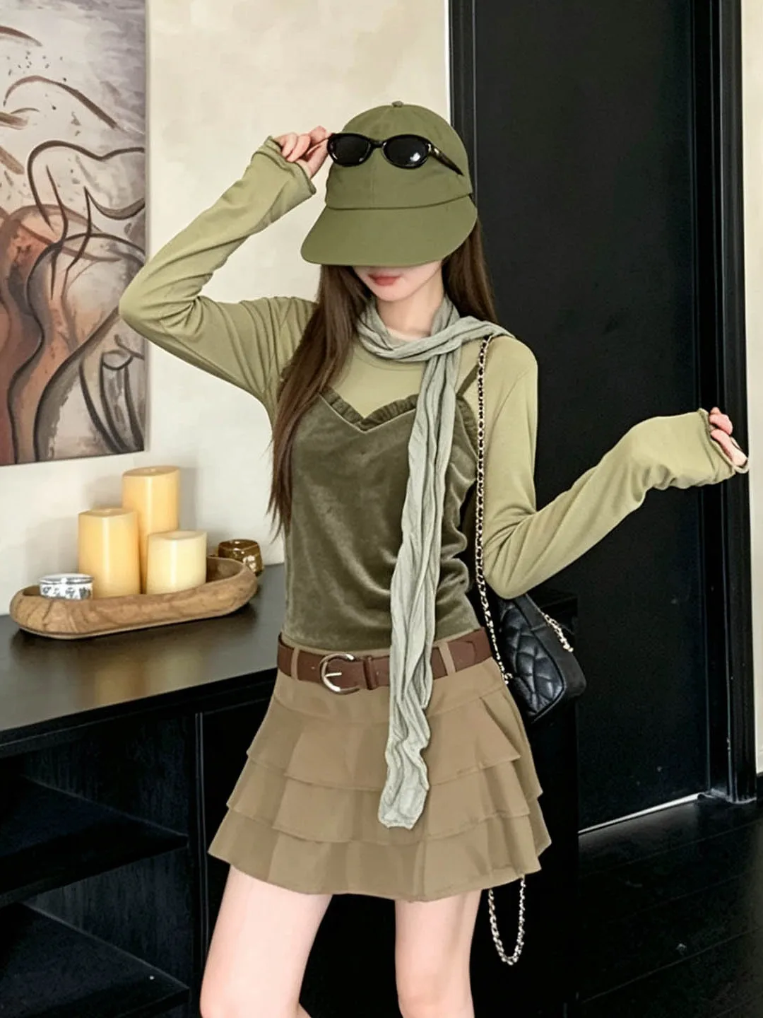 Green Floral Lace Halter Neck Long Sleeve Top Women's Early Autumn Fashionable T-Shirt with Scarf Tie-Dye Casual Universal Fit