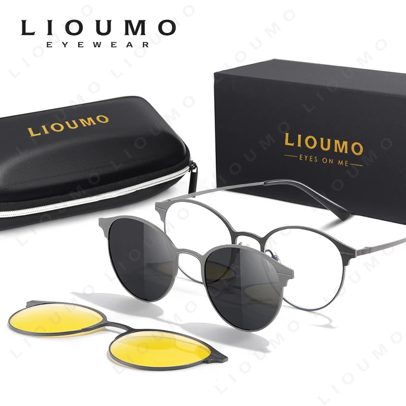 Classic Round Frame 3 in 1 Magnetic Clip On Anti Blue Light Glasses Men Polarized Sunglasses Women Driving Anti-Glare Eyewear