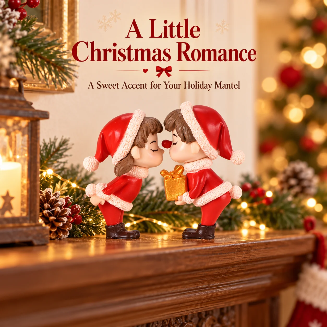 Christmas Couple Figurines 2pcs Set Kissing Bow Santa Hat Sitting Bench Reindeer Hood Gift Box Resin Desk Shelf Decor 1pair