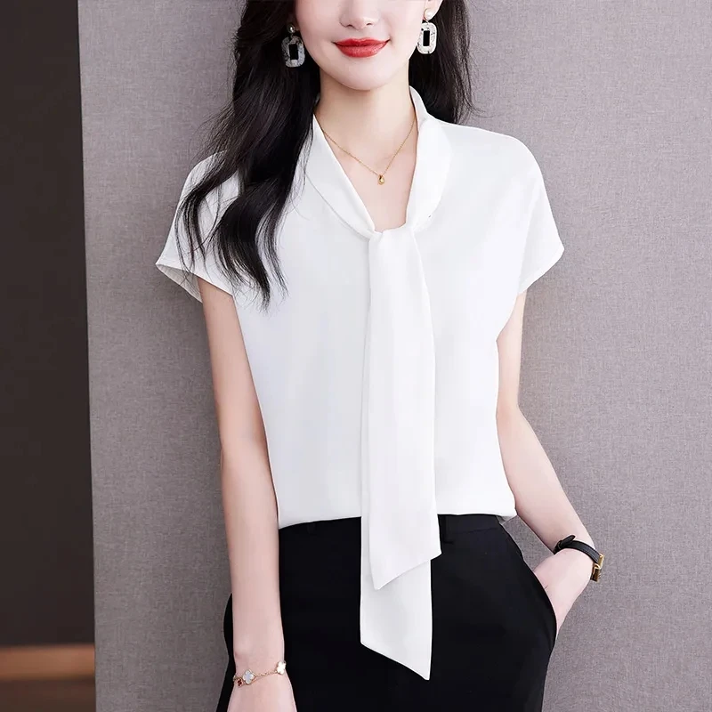 Bow Tie Blouse Shirt for Women OL Elegant Blouses Satin Womens Tops Silk Female Clothing 2023 Korean Fashion Short Sleeve Blouse