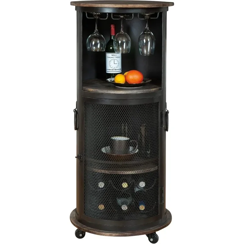 Howard Miller Half Pint Wine & Bar Cabinet 695-256 – Aged Iron Black Metal, Natural Solid Wood Top & Shelves