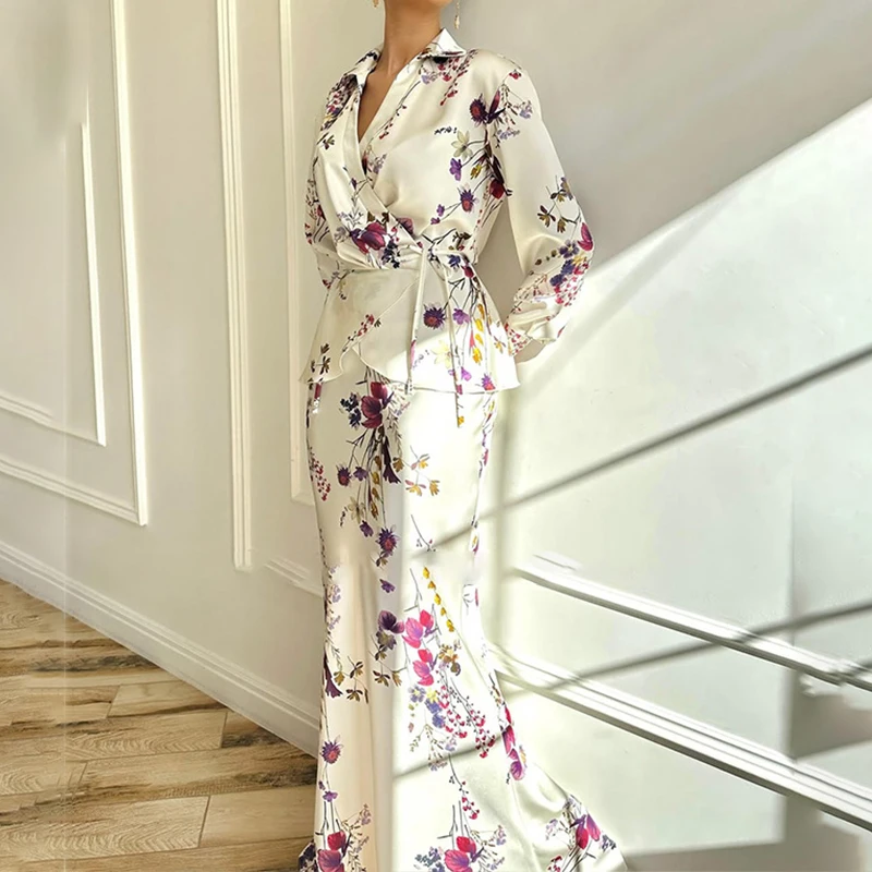 Spring Fashion Floral Print Slim Fit Suit Elegant Lace Up Party Outfits Ladies V-neck Long Sleeved Top and Skirt Two Piece Sets