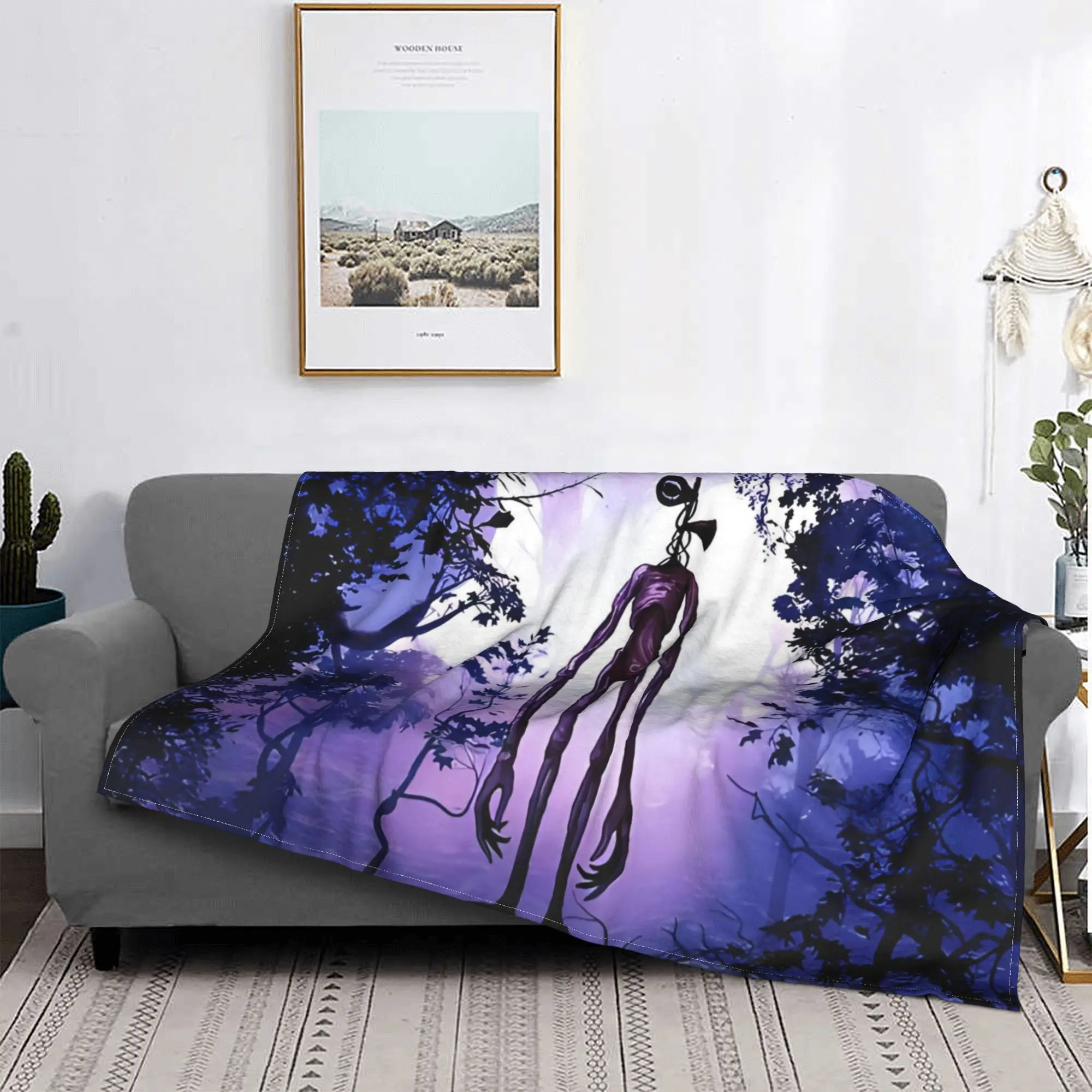 Siren Head in Purple Horror Background Fleece Throw Blanket Scary Game Blanket for Bedding Bedspread Soft Quilt Multifunction
