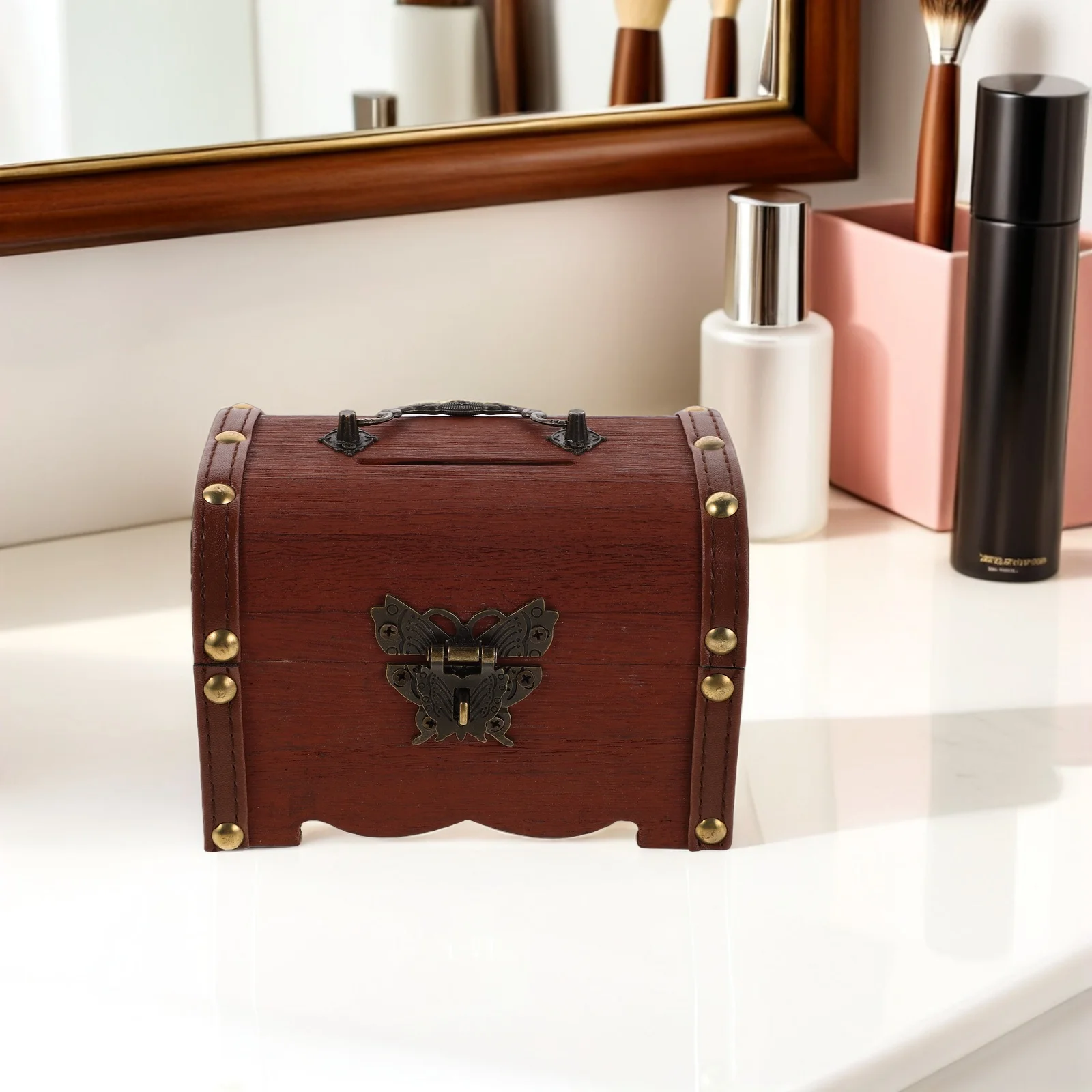 

Small Wooden Piggy Bank Lockable Vintage Treasure Chest Coin Savings Box Decorative Storage Box Wedding Wood Money Bank