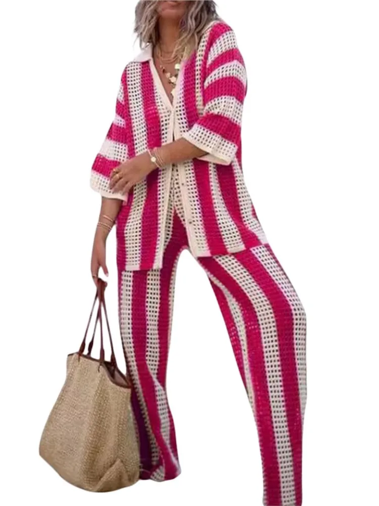 ฤดูร้อนผู้หญิงสบายๆสบายๆกางเกงชุดแฟชั่น V คอลายเสื้อหลวมถักกางเกงขากว้าง 2 ชิ้นชุด