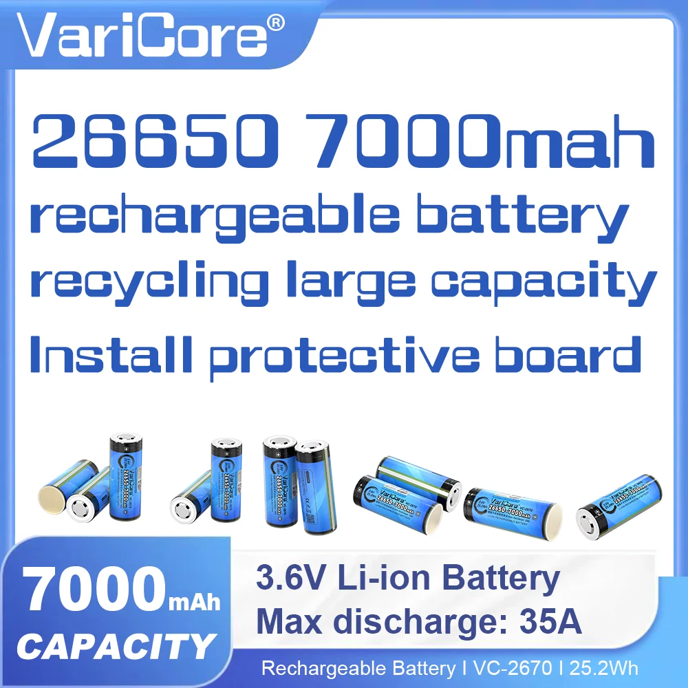 

VariCore 26650 with PCB 35A high discharge Power Rechargeable Lithium Battery 26650A 3.7V 7000mA Large capacity for Power tools