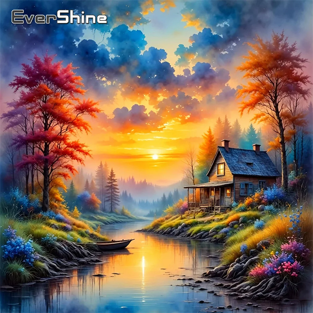 EverShine Diamant-Stickerei Haus-Landschaft Vollquadrat-Mosaik Baum Strass-Bild Wolken-Diamantmalerei-Set Heimdekoration
