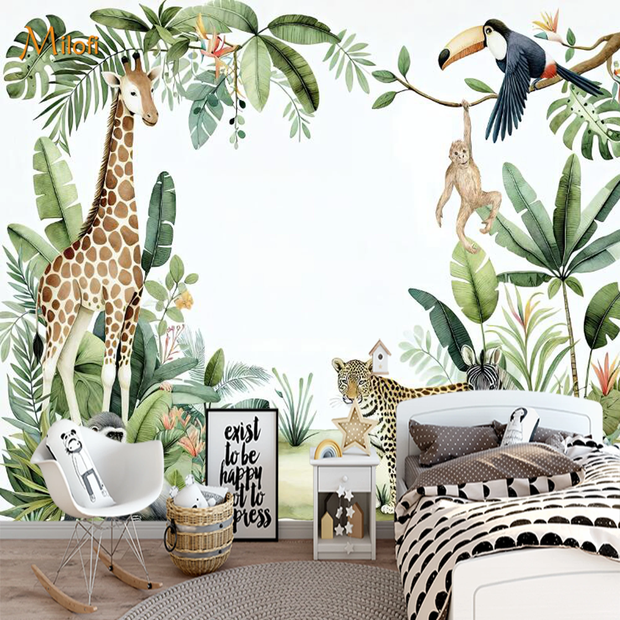 Custom Watercolor Safari Animal Wall Mural Giraffe Zebra Leopard Tropical Palm Leaves Wallpaper for Kids Baby Nursery Decoration