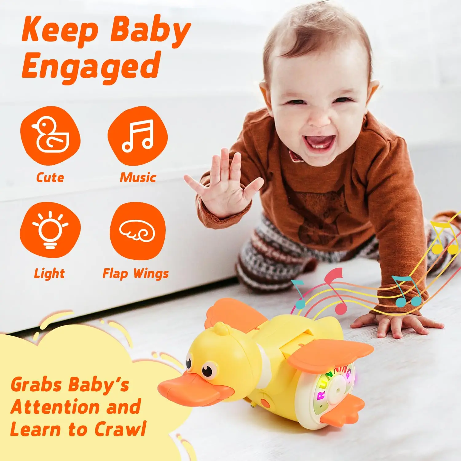 Electric Rotating Foraging Running Duck Crawling Duck Toy Light Up Infant Sensory Runing Dancing Duck Walking Duck Easter Gifts
