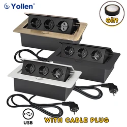 With Cable plug EUR Hidden Type Table Desk Socket 3 Socket USB Aluminum Panel office kitchen cabinet desktop Metal Cover 2 color
