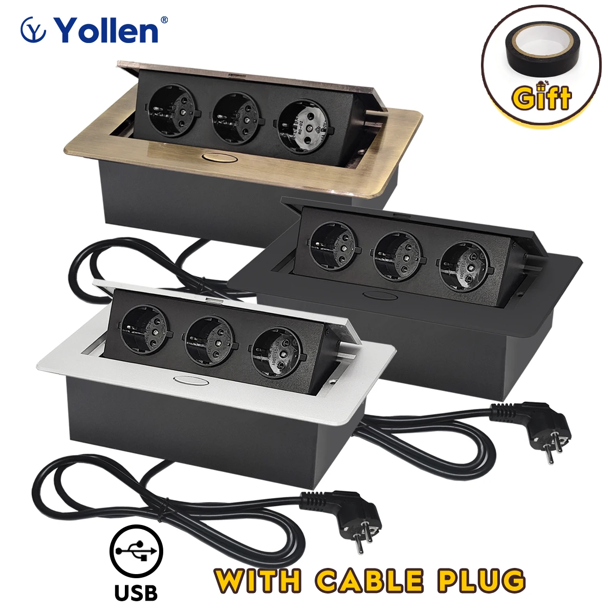 With Cable plug EUR Hidden Type Table Desk Socket 3 Socket USB Aluminum Panel office kitchen cabinet desktop Metal Cover 2 color