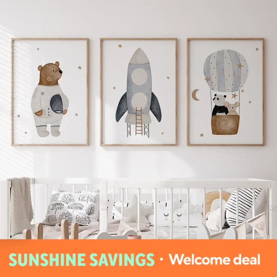 Boho Space Rocket Bear Panda Mouse Nursery Posters Cartoon Wall Art Print Canvas Painting Baby Kids Room Home Decoration Pict