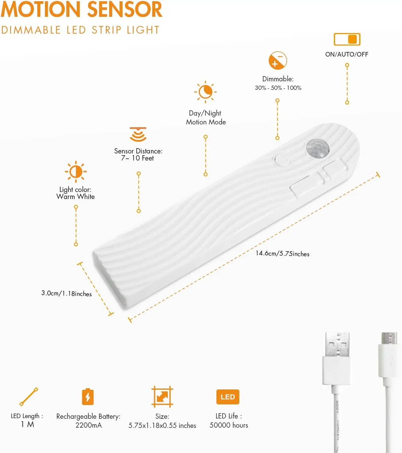 Taśma LED z czujnikiem ruchu XIAOMI, 4M, 3 kolory, lampka nocna, bateria 2000mAh, ładowalna, do pokoju, łóżka, kuchni, szafek.
