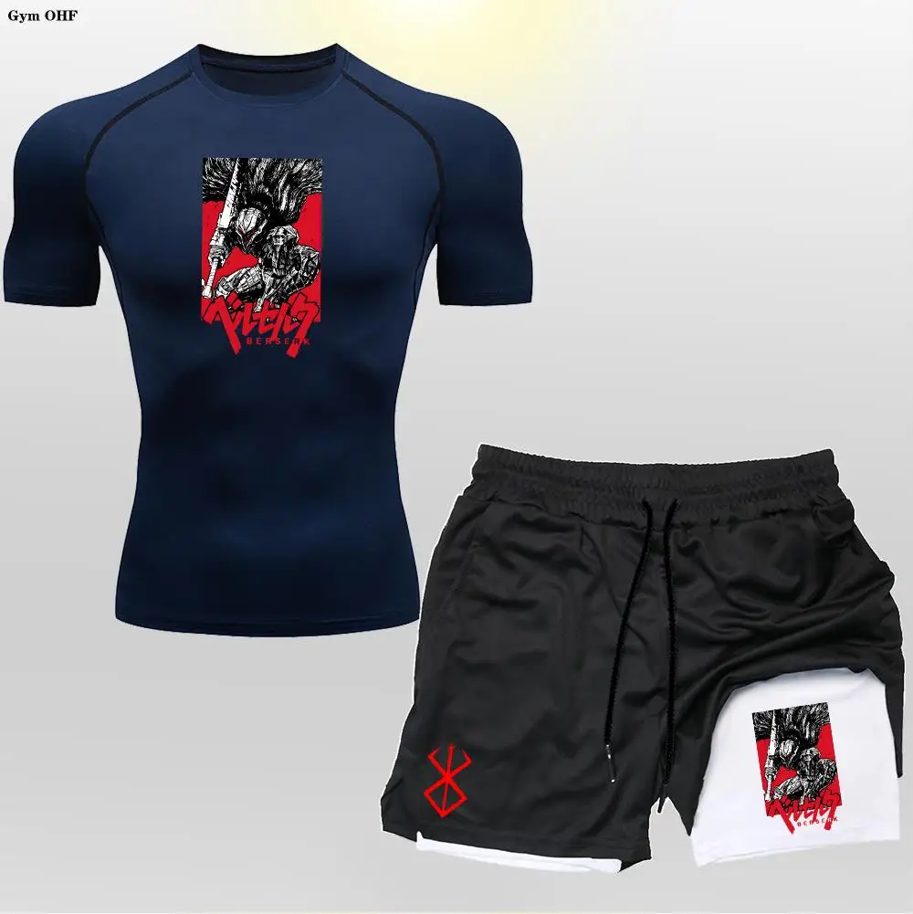 

Anime Compression Shirt Shorts Men Sets Gym Running Shirts For Sportswear Rashguard 2 In 1 Double-Deck Short Sleeve Suits