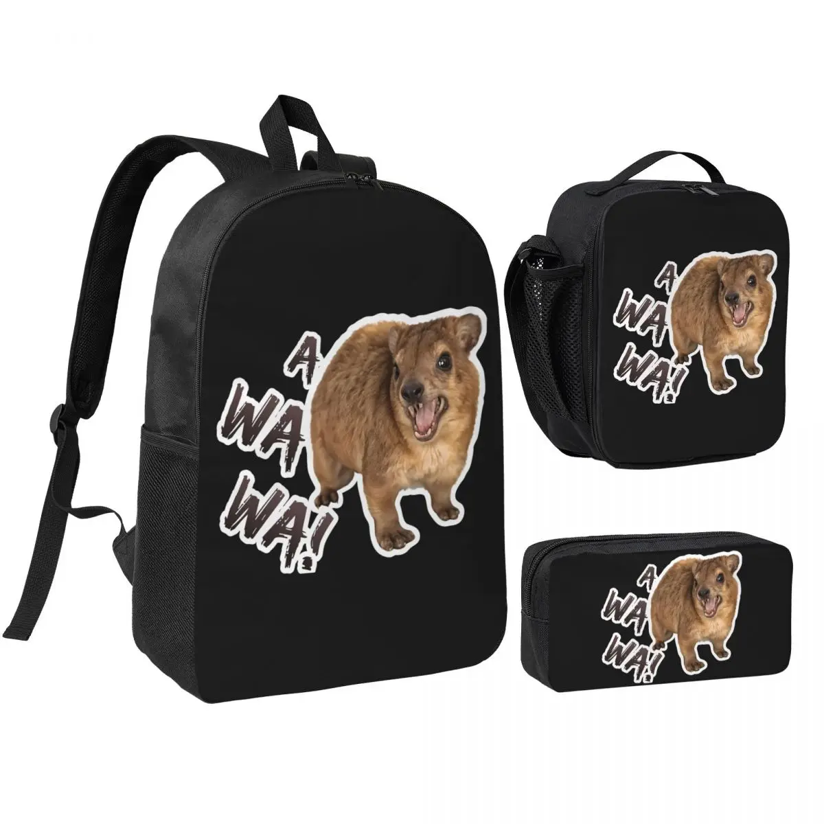 Awawa Angry Screaming Rock Hyrax Backpack Student BookBag School Bag Shoulder Bags 3ps Insulated Lunch Bag Pencil Case