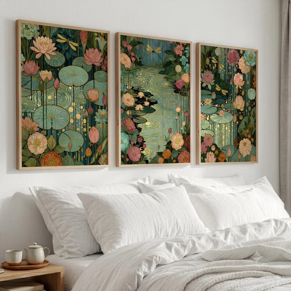 3pcs Frameless Dragonfly Pool Wall,Blue-green Plant Triptych,Art Nouveau Style,Golden Accent Poster,Living Room Bedroom Decor