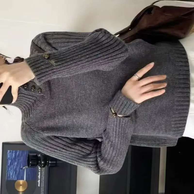 

Korean Style Design Button up Semi High Neck Knitted Sweater for Women's 2026 Autumn Winter New Style Lazy Style Base Shirt Top
