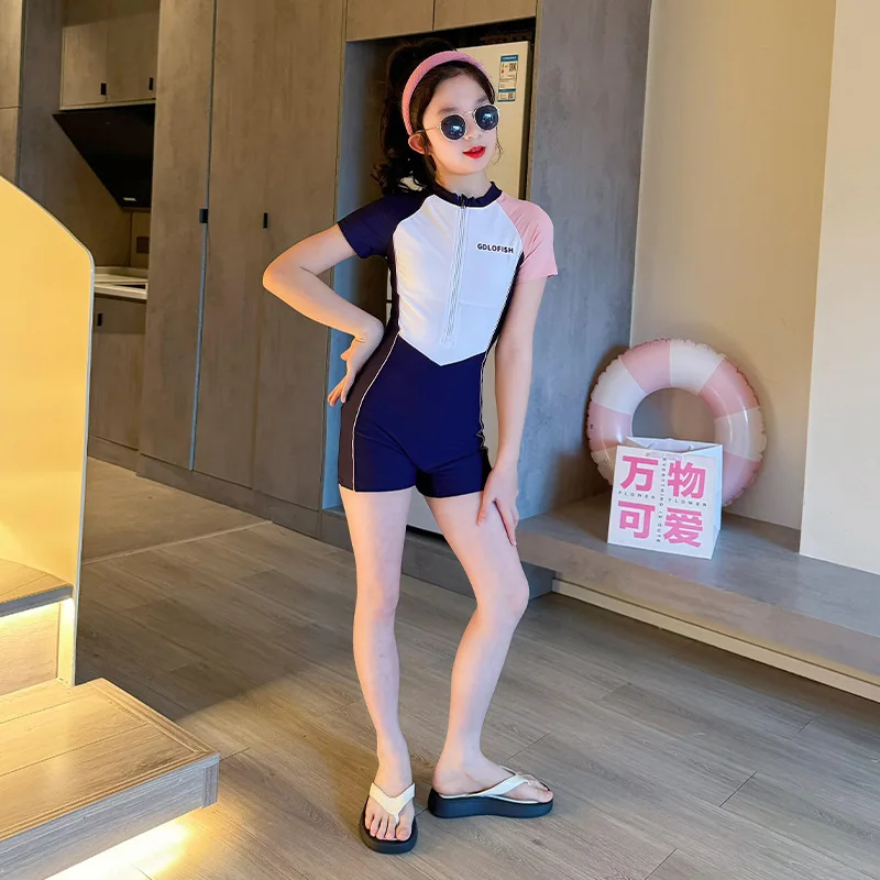 Children's and Girls' One-Piece Swimsuit Sunscreen Short Sleeved Half Zipper Quick Drying Summer Swimming Pool Sports Swimsuit