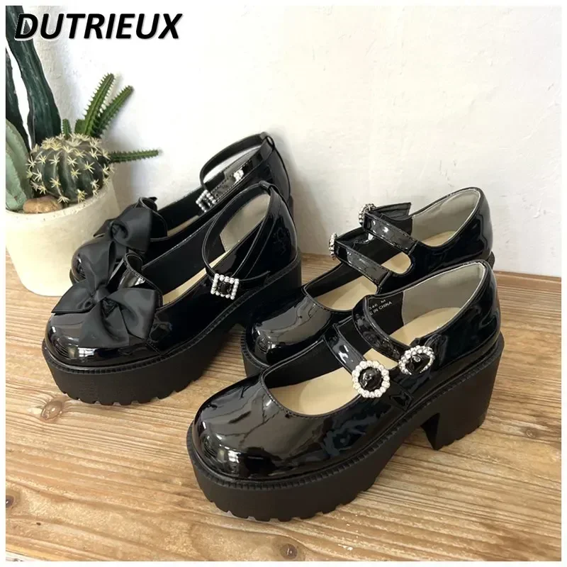 

Japanese INS Retro Sweet Bow Rhinestone Pearl Buckle Lace-up High Heels Lolita JK Uniform Cute Women's Black Platform Shoes