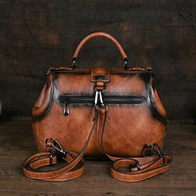 Vintage Luxury Handmade Leather Travel Backpacks for Women Designer Handbags Hasp Ladies Shoulder Bags Embossed Woman Backpack