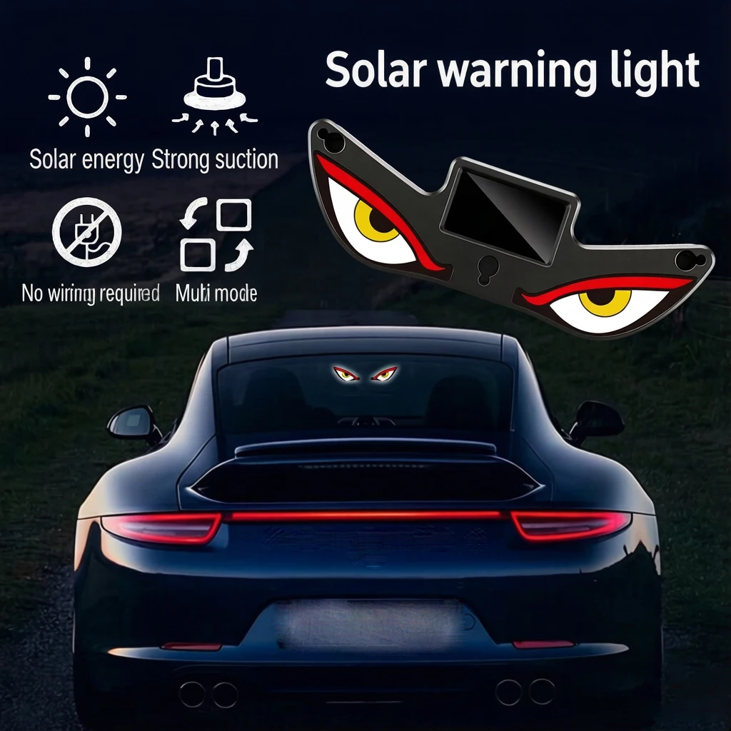 1PCS Solar Powered Car Neon Light Wireless Cool DEMON EYE Led Ambient Light, Rear Window Anti-Rear-End Warning Light