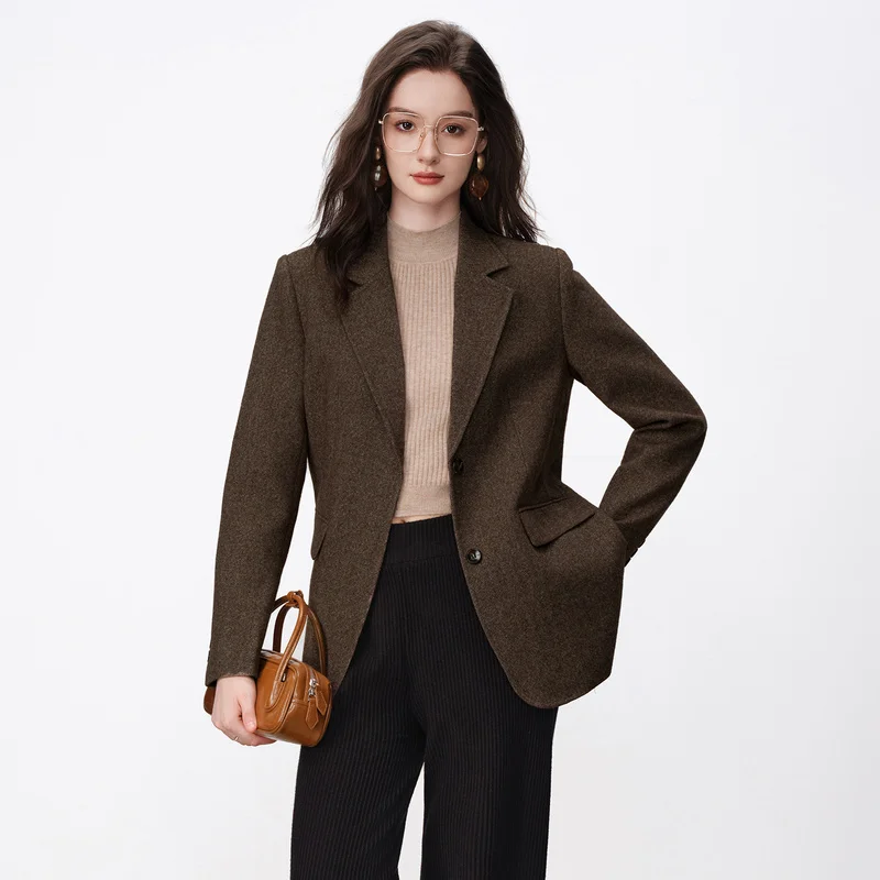 Women's Coffee-Colored Wool Blazer High-Quality plus Sizes Autumn Winter Fashionable Stylish Blazer