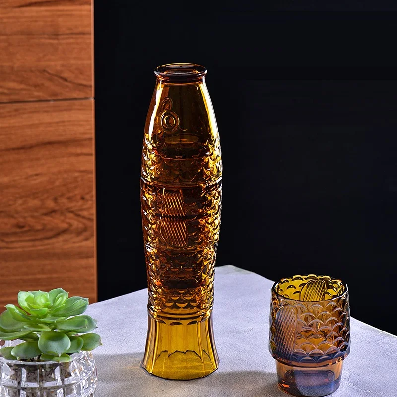 1 Set Koi Fish Shape Heavy Glass Cup 4 Glass Cups Set Grey Amber Navy Blue Lucky Dog Glass Set Tableware Dinner Restaurant Cup