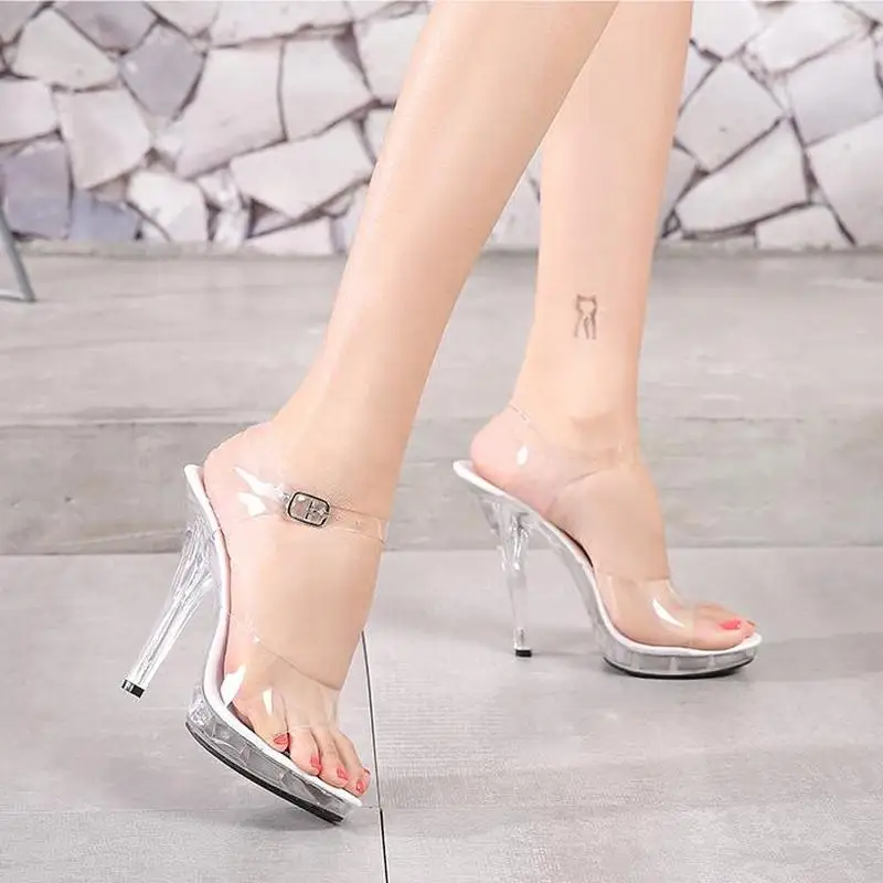 12 CM Height Crystal Slippers Female Summer Waterproof Platform Non-slip Thick Sole Transparent PVC Sandals Womens Pumps 2019