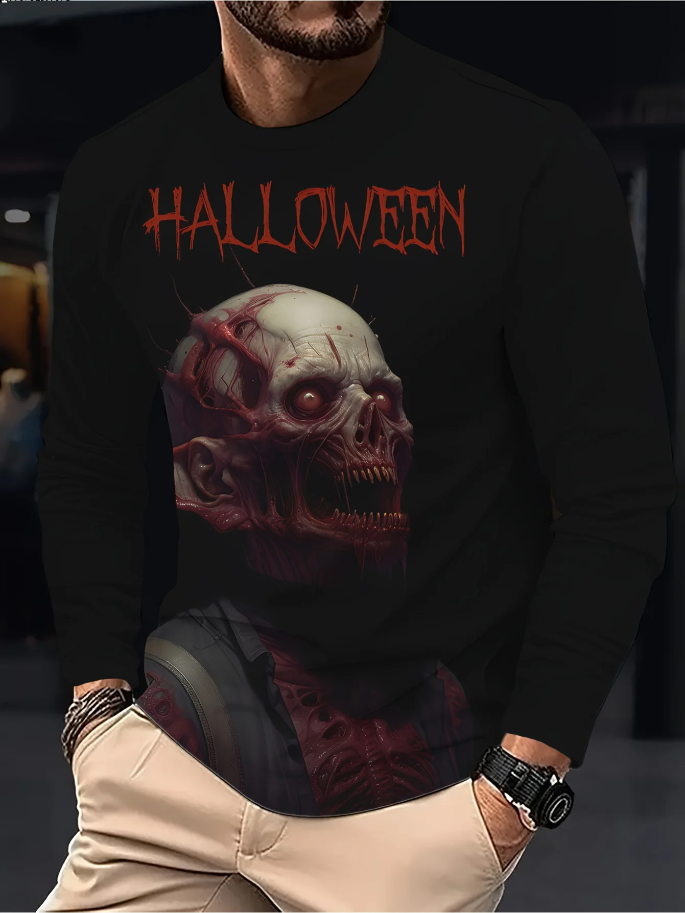 

​​2025 Men's Gothic Zombie Halloween Tee Dripping Blood Lettering Skull Face Black Red Party