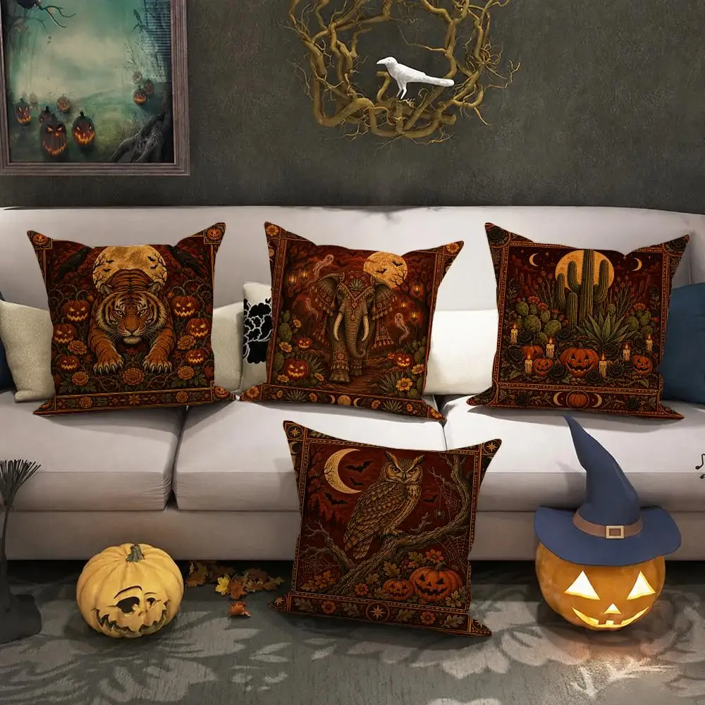 Vintage Forest Halloween Gift Cushion Cover Halloween Rustic Throw Pillow Covers, Cute Ghost Pumpkin Maple Leaf Cushion Covers
