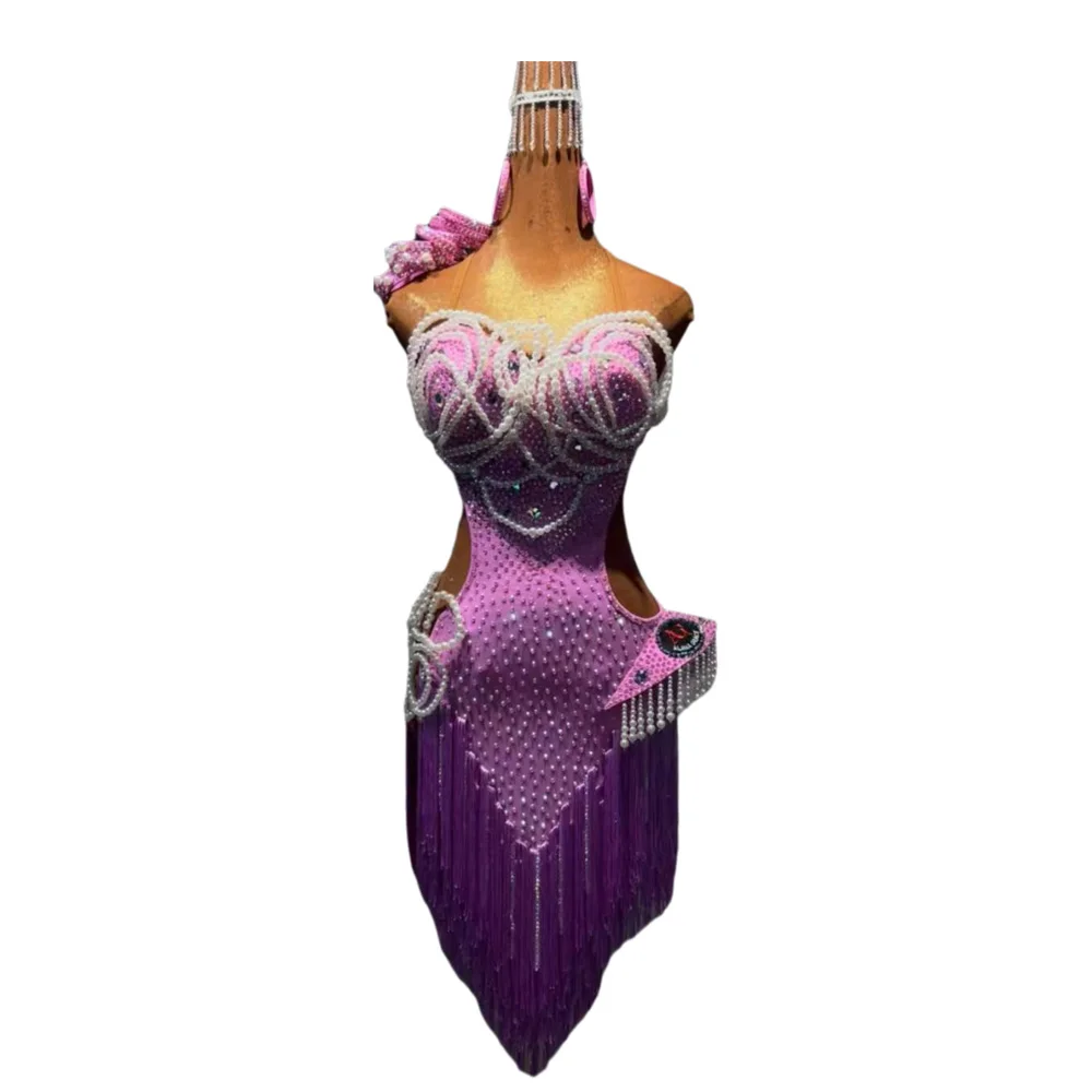 Bailarina latina para niños y adultos, falda con borlas y tirantes de perlas tejidas personalizadas de alta gama, vestido de actuación de piedra Samba AB