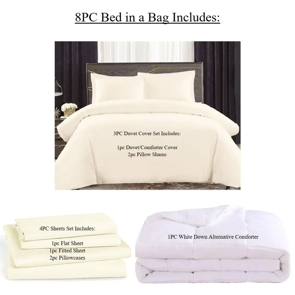 

King Size Medium Warmth Bed in a Bag Includes Percale Duvet Cover Set with Matching Sheets Solid Ivory and Down Alternative Com
