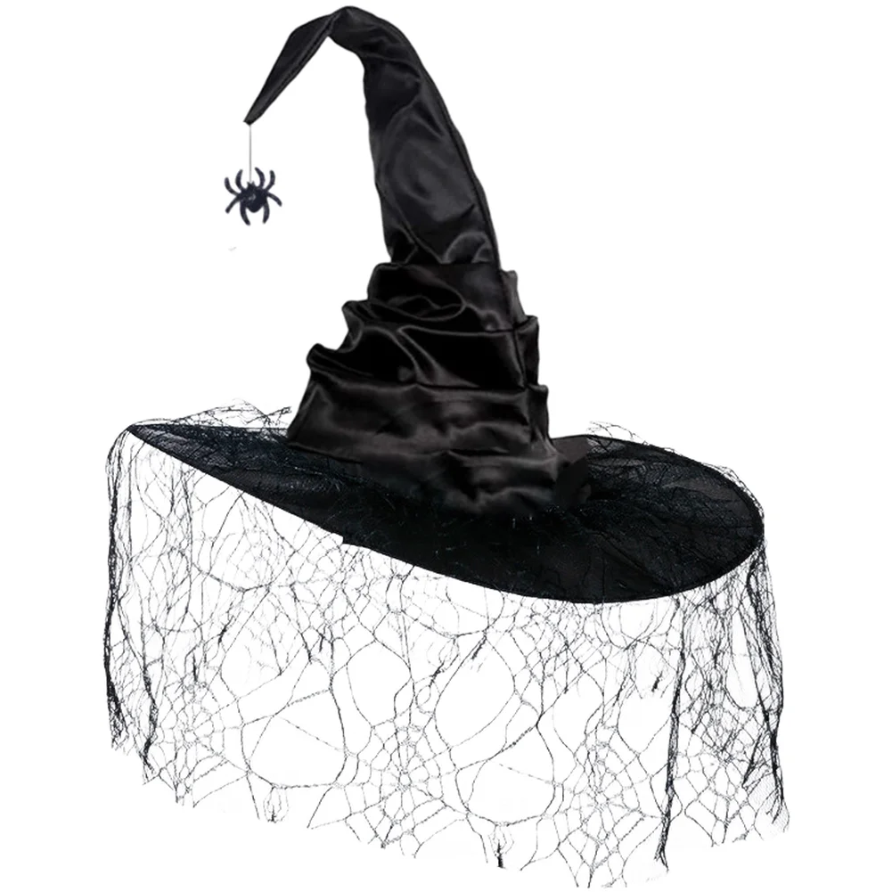 Witch Hat Pleated Pointed Peak Tulle Trim Web Mesh Gothic Cloth 40x45cm Adjustable Fit For Halloween Costume Party Decor For