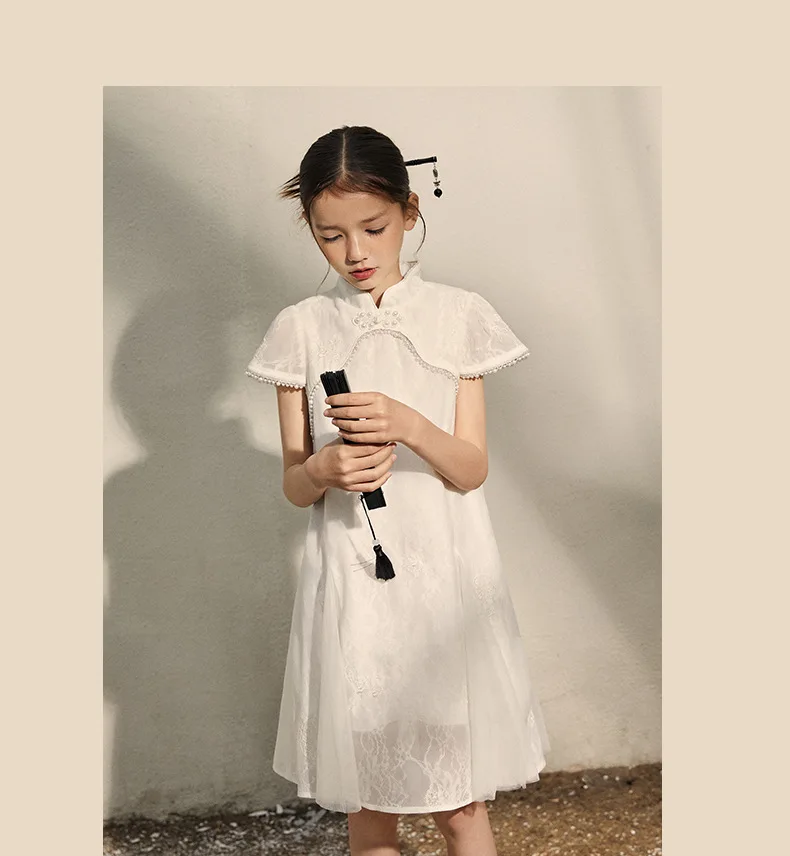 5Y+Children's dress for girls 2024 summer new Chinese style pearl disc buckle children's cheongsam dress 120-170cm