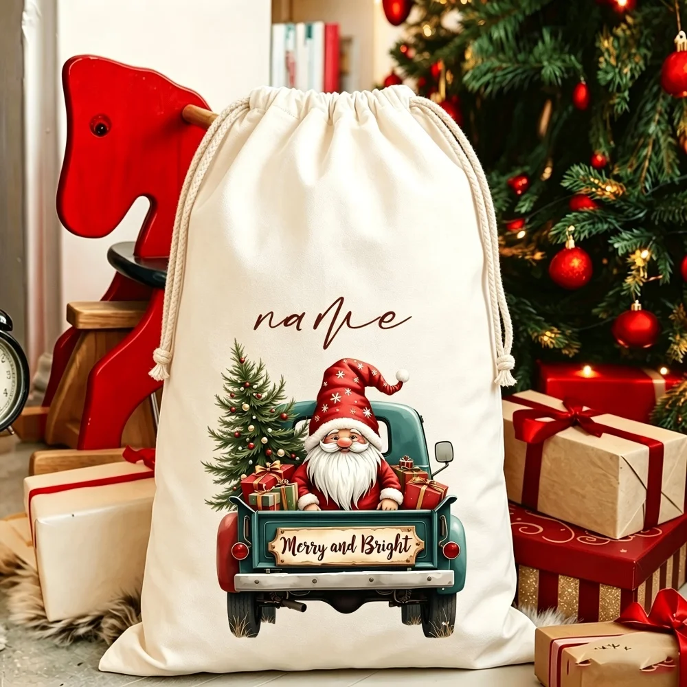 1Pc Custom Name/Text Xmas Imitation Hemp Gift Bag, Gnome & Vintage Truck Christmas Tree Theme Drawstring Closure Storage Bags