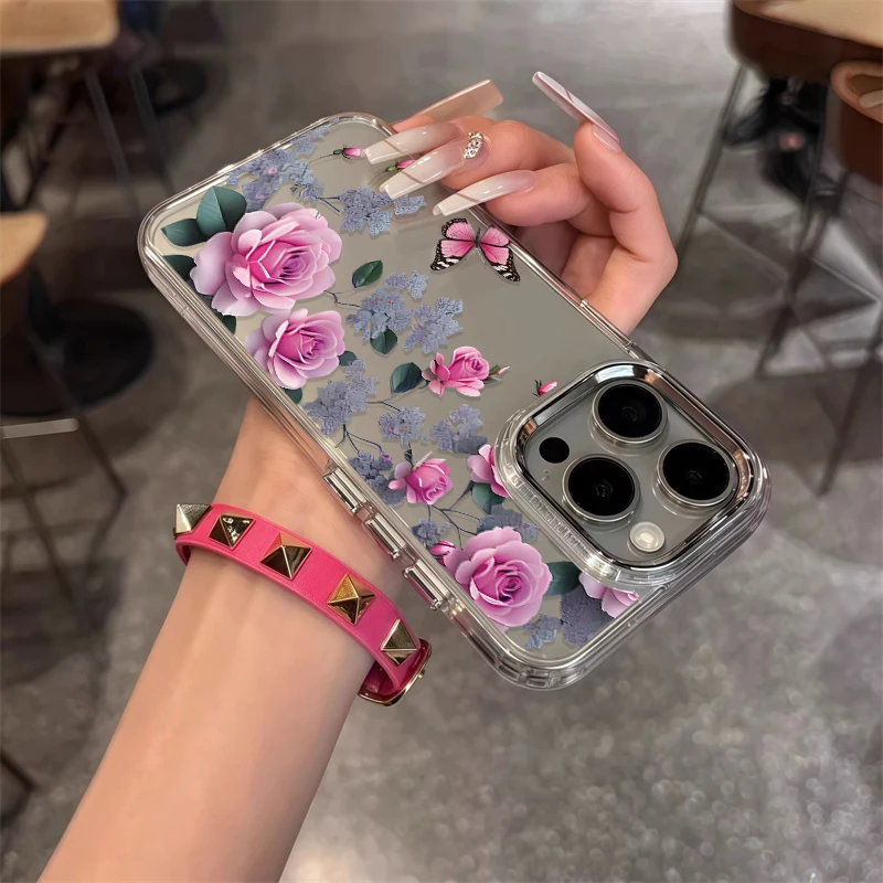 Shockproof Clear Acrylic Phone Case For iPhone 17 Air 16 16e 14 7 8 Plus 12 13 11 15 Pro Max XR XS Flower Pattern Soft Cover