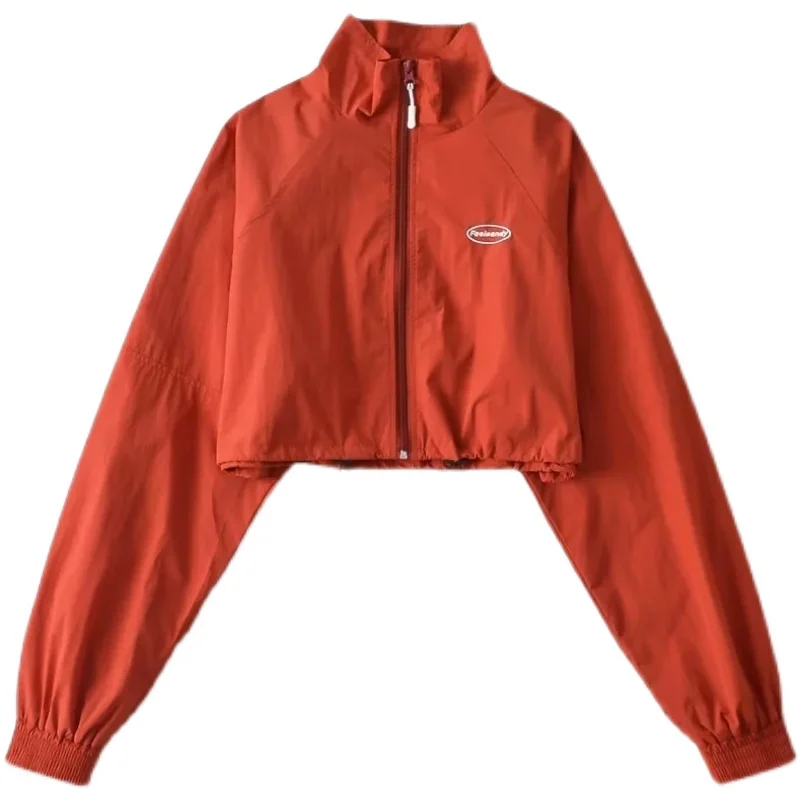 아메리칸 스타일 스탠드 칼라 짧은 재킷 편지 패치 워크 재즈 탑 빠른 건조 높은 허리 여성을위한 작은 겉옷