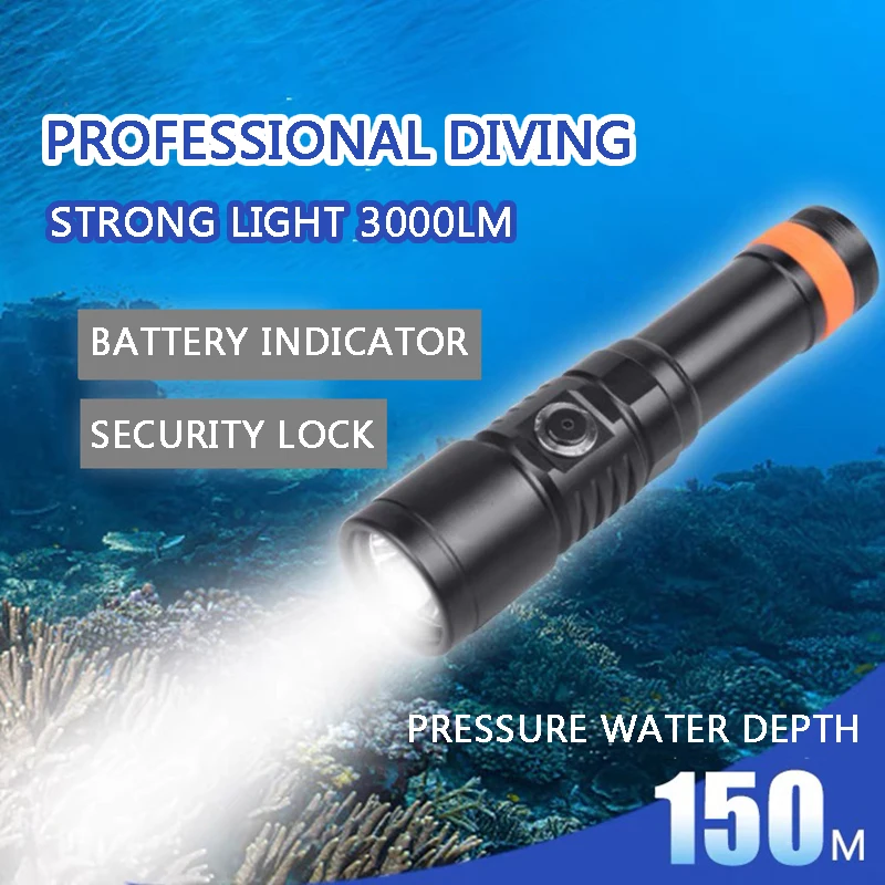 D710 Professional Night Diving Flashlight Waterproof Night Diving Light Narrow Beam 150 Meters Strong Light 3000Lm