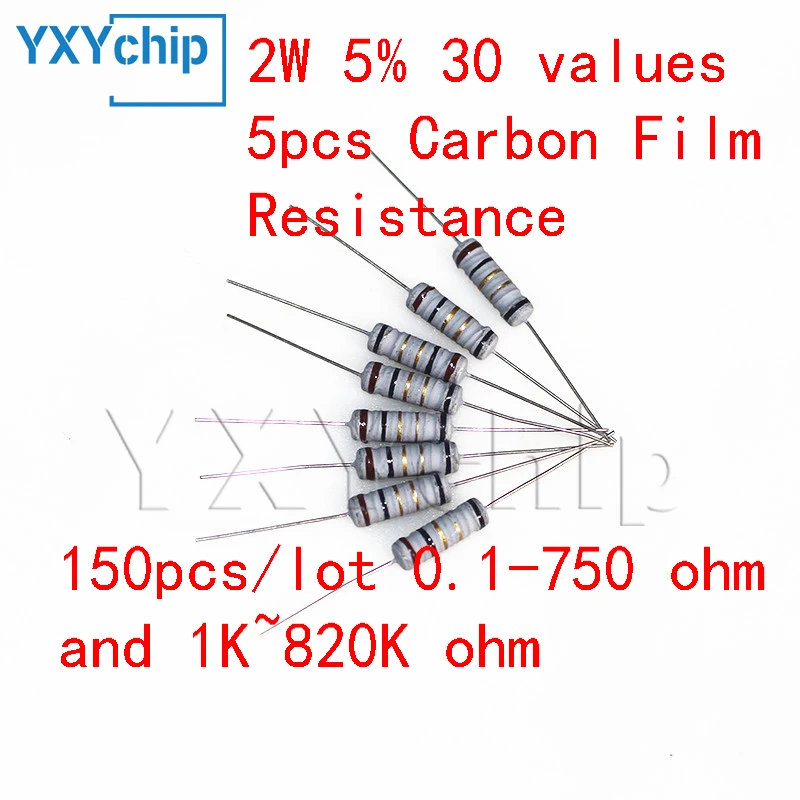 150pcs/lot Resistor Kit 2W 5% 30 values x 5pcs Carbon Film Resistance 0.1-750 ohm and 1K~820K ohm Assortment Set